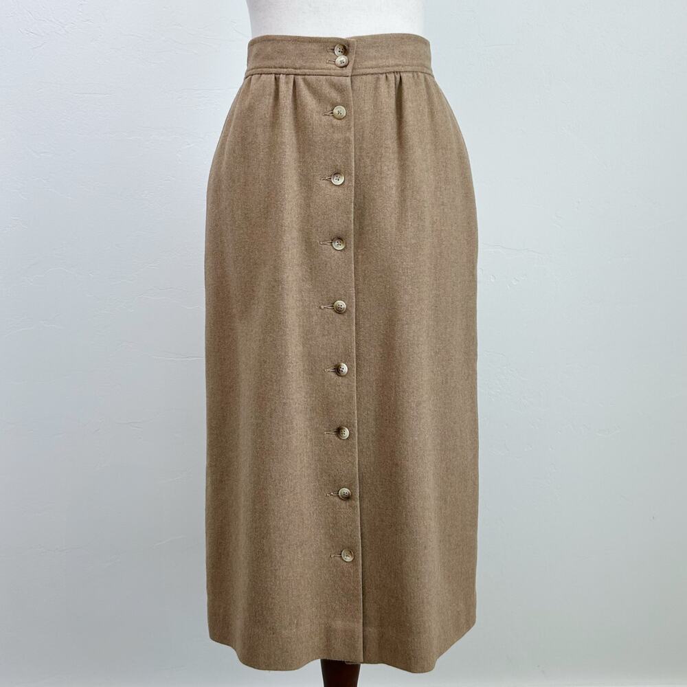 Vintage '70s Camel 100% Wool Button Front Midi Pencil Skirt